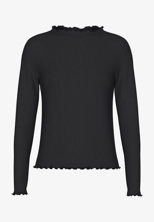 Juodas banguotas ilgomis rankovėmis viršus su plazdančiu apykaklės ir apačios kraštu, pasižymintis prigludusia siluetu ir tekstūruotu audiniu. Nėra matomų logotipų ar raštų.