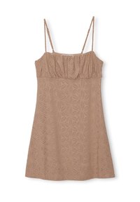 Vestido sin mangas color beige con escote fruncido, intrincados bordados florales y detalles recortados a lo largo. Tejido ligero y transpirable.