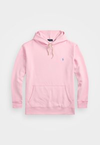 Rosa bomullshuvtröja med en framficka, dragsko runt huvan och en liten blå logotyp på vänster bröst. Slät textur, avslappnad design.