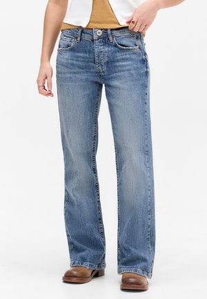 Light blue denim jeans with a straight leg cut, five-pocket design, and subtle fading. Features a button and zipper closure at the front.