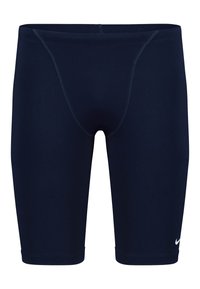 Shorts d'athlétisme marins à coupe ajustée, en matière extensible, avec des coutures plates et un petit logo blanc en bas à droite.