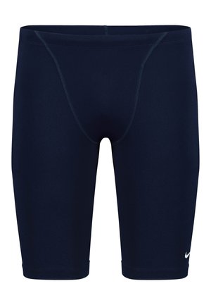 Shorts d'athlétisme marins à coupe ajustée, en matière extensible, avec des coutures plates et un petit logo blanc en bas à droite.