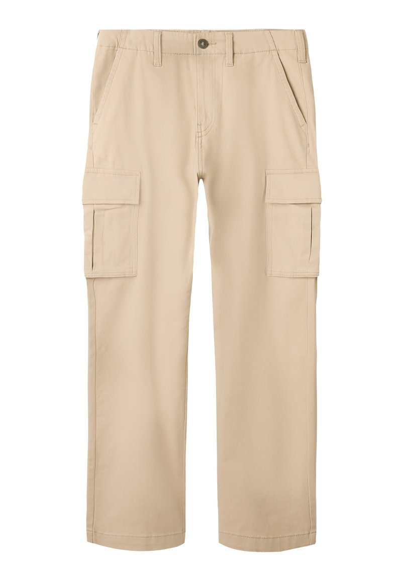 Beige cargobukser laget av mykt stoff, med to store sidelommer, knappestenging og rette ben.