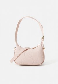 Light pink handbag with embossed floral patterns and a logo. Features a single adjustable strap and smooth textured material.