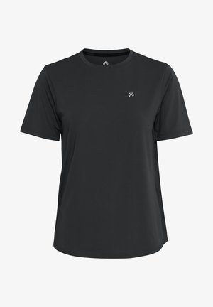 Črna kratka majica s kratkimi rokavi, izdelana iz gladkega materiala, z okroglo izrezom in majhnim logotipom na levem prsnem delu. Preprost, športen dizajn.