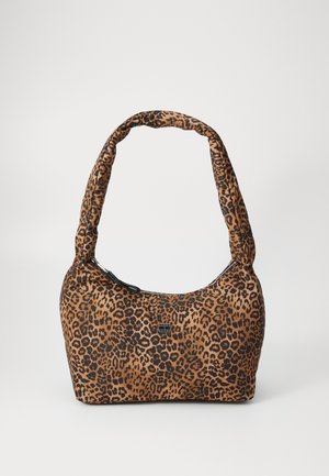 Leopard-print handbag in brown and black fabric with a rounded shape, soft texture, and a thick, padded shoulder strap. Zipper closure detail.