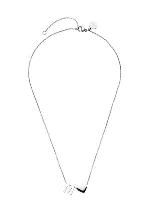 Silver chain necklace with letter "M" and heart-shaped pendant, lobster clasp, and adjustable extender chain.