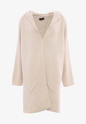 Beige Kapuzenstrickjacke mit V-Ausschnitt, Dreiviertelärmeln und zwei aufgesetzten Taschen vorne; aus weichem, strukturiertem Stoff gefertigt.