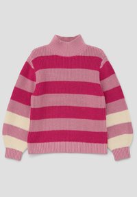 Gestrickter Rollkragenpullover mit breiten horizontalen Streifen in Rosa- und Cremetönen. Texturierter Stoff und gerippte Bündchen sowie Saum.