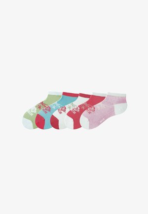 Satz aus Baumwollknöchelsocken in grün, blau, pink und rot. Jede Socke hat florale Muster und kontrastierende weiße Bündchen sowie Zehenakzente.