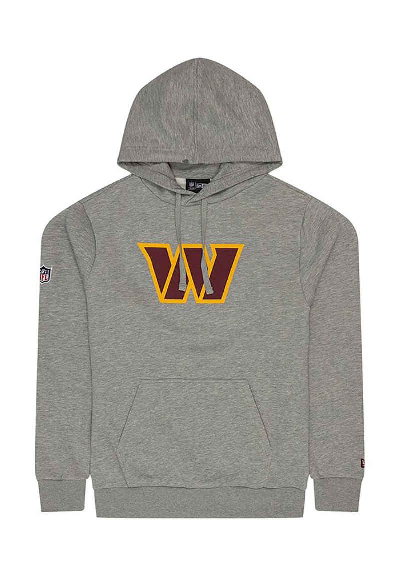 Felpa grigia con tasca frontale, caratterizzata da un logo "W" giallo e maroon. Include un cappuccio con cordino e polsini e orlo a coste.