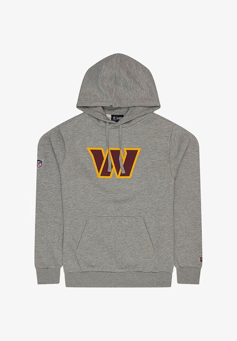 Gray hoodie with a front pocket, featuring a yellow and maroon "W" logo. Includes a drawstring hood and ribbed cuffs and hem.