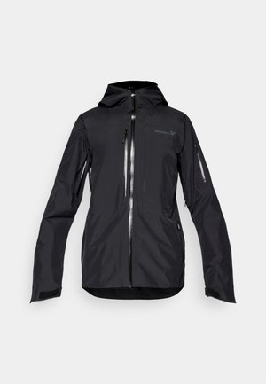 Black waterproof jacket with a hood, featuring multiple zip pockets, adjustable cuffs, and a sleek, streamlined design.