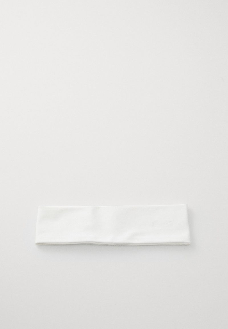 White fabric headband, elongated rectangular shape, smooth texture, and soft finish, designed for comfort and versatility in wear.
