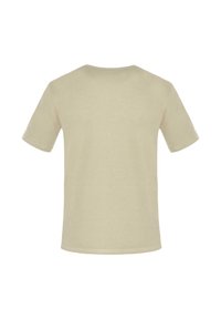 Beige T-Shirt mit kurzen Ärmeln aus weicher Baumwolle, ausgestattet mit einem klassischen Rundhalsausschnitt und einem einfachen, nahtlosen Design mit glatter Textur.