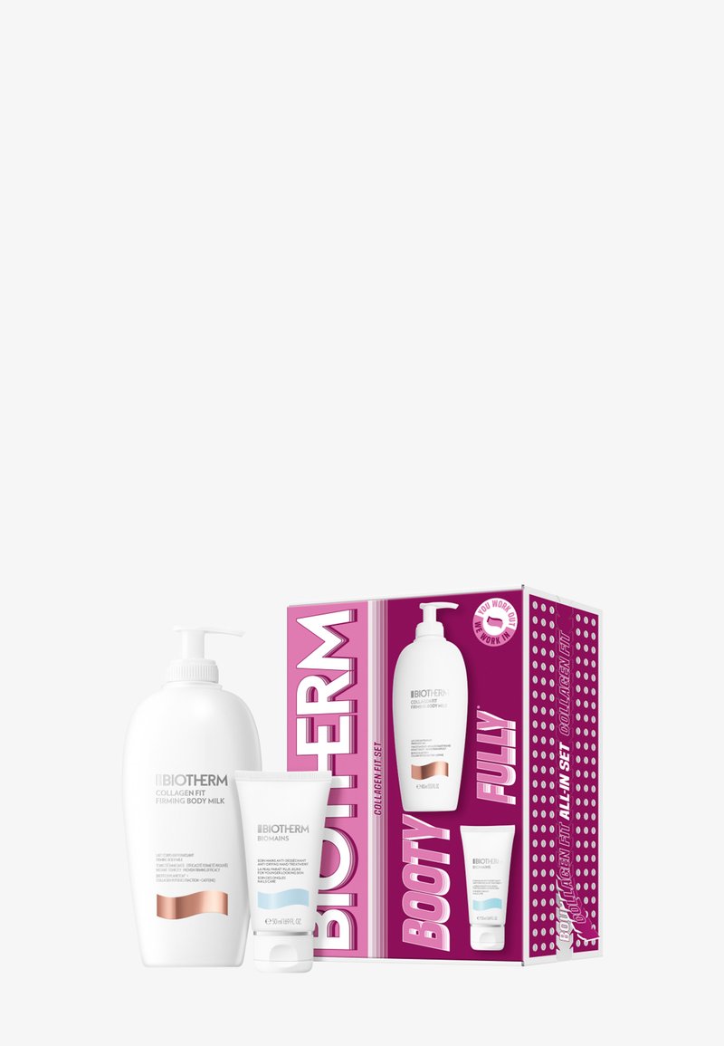 Flacon pompe de lait corporel raffermissant Biotherm Collagen Fit et tube de 50 ml de soin des mains Biomains à côté de la boîte du coffret Collagen Fit rose et blanche.