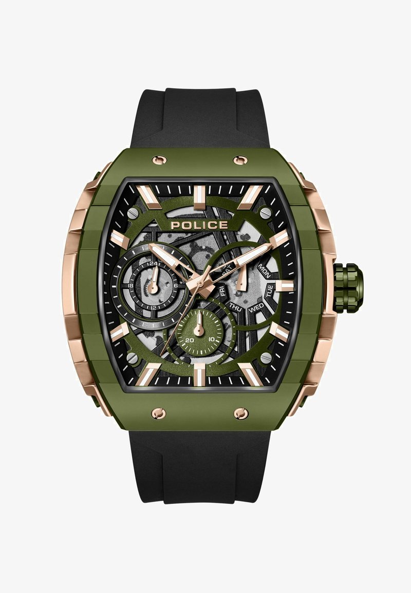 Orologio con cinturino in gomma nera e cassa in acciaio inox verde e oro rosa. Presenta un quadrante con motivo, sub-quadranti e indici delle ore in argento.