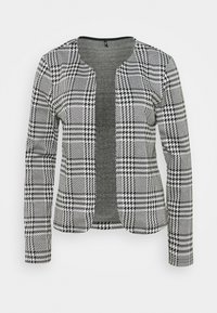 Svetr s houndstooth vzorem v černobílé barv�ě, dlouhými rukávy, otevřeným předním dílem a šedou vnitřní podšívkou. Hladká textura.