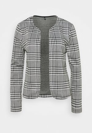 Black and white houndstooth patterned cardigan, featuring long sleeves, an open front, and a gray interior lining. Smooth texture.