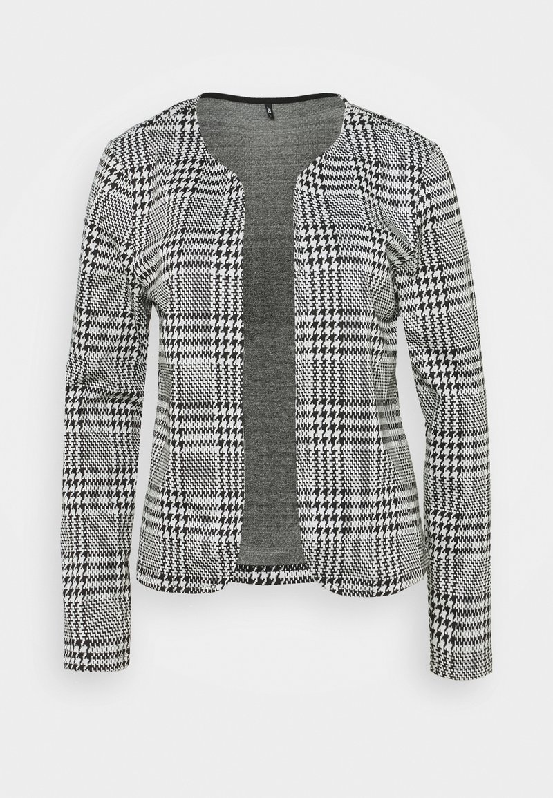 Cardigan kuosa houndstooth hitam dan putih, menampilkan lengan panjang, bagian depan terbuka, dan lapisan interior abu-abu. Tekstur halus.