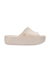 Infradito beige con una finitura liscia e opaca, apertura sulla punta e una soletta contornata e imbottita. Presenta un branding minimo sul lato.