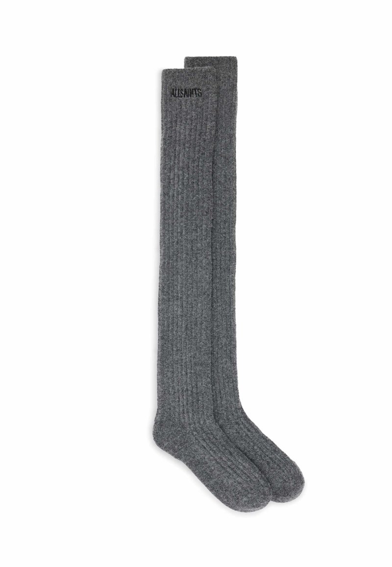 Grijze geribbelde kniekousen met een zachte, textuurafwerking en subtiele branding op de bovenband. Gemaakt van een comfortabele gebreide stof.