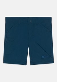 Navy blue shorts made of synthetic material, featuring a zipper and button closure, multiple pockets, and a small logo detail on the leg.