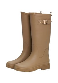 Knee-high, brązowe gumowe kalosze z teksturowaną podeszwą, gładkim wykończeniem oraz regulowanym zapięciem na boku.