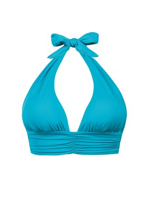 Turkusowy top bikini typu halter z zapięciem na szyi i marszczonym materiałem pod biustem.
