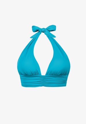 Turkusowy top bikini typu halter z zapięciem na szyi i marszczonym materiałem pod biustem.
