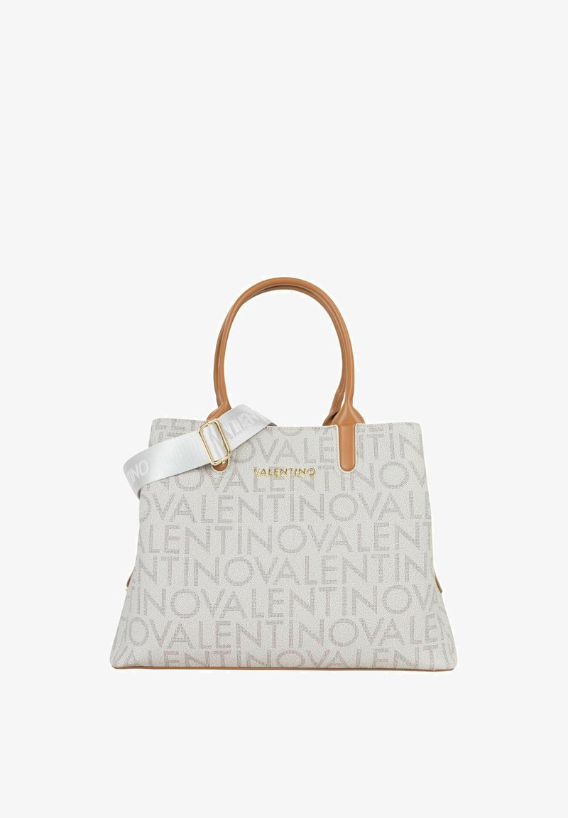 Sac fourre-tout en toile gris clair avec motif répété du logo "VALENTINO". Poignées en cuir tan et bandoulière ajustable et amovible avec ferrures dorées.