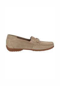 Beiger Wildleder-Slipper mit Nahtdetails, Penny-Riemen oben und brauner Gummisohle für den Freizeitgebrauch.