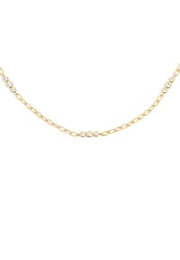 Collar de cadena de oro con eslabones ovalados y siete piedras preciosas redondas transparentes distribuidas de manera uniforme. Diseño sencillo con un acabado pulido.