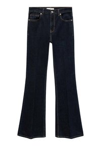 Jeans acampanados de mezclilla oscura con cinco bolsillos, costuras de cobre y una cintura recta. Presenta una etiqueta en la parte trasera de la cinturilla.