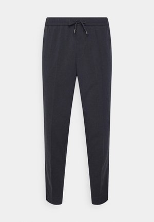 Donkergrijze, lichtgewicht broek met een elastische tailleband en trekkoord. Getailleerd ontwerp van de pijpen, gladde textuur en minimale stikdetails.