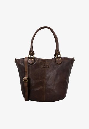 Bolso tote de cuero marrón con dos asas y una correa de hombro ajustable. Cuenta con herrajes de latón y una superficie texturizada.