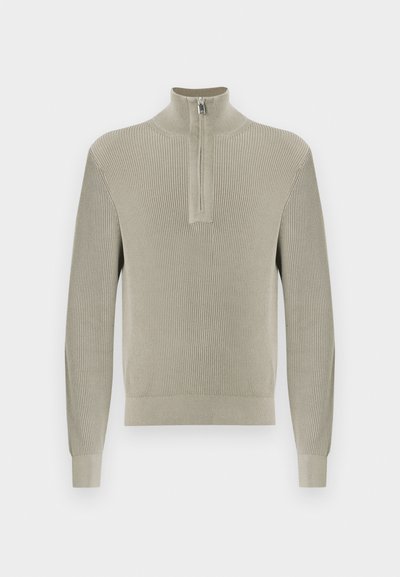 Pull-over gris clair côtelé avec col demi-fermeture éclair. Manches longues avec poignets ajustés, fabriqué en maille texturée.