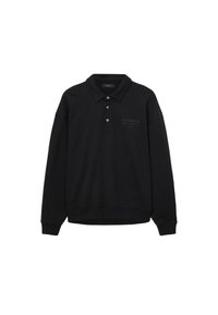 Sort langærmet polo-shirt med tre knapper, krave, ribbede manchetter og subtil "ALLSAINTS" logo på venstre bryst.