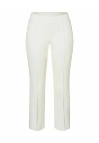 Valkoiset, muotoon ommellut housut, joissa on sileä pinta, joustava vyötärö ja kapeat lahkeet. Ominaisuuksiin kuuluu pystysaumojen yksityiskohtia kauttaaltaan.