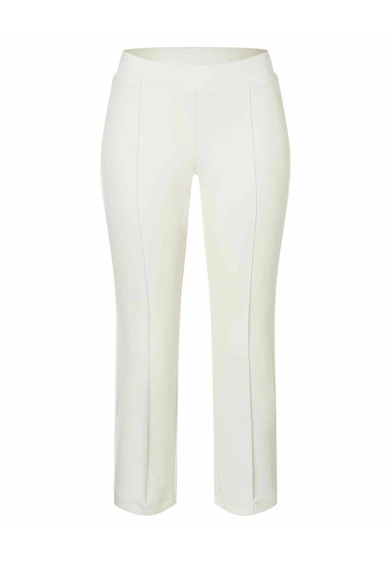 Valkoiset, muotoon ommellut housut, joissa on sileä pinta, joustava vyötärö ja kapeat lahkeet. Ominaisuuksiin kuuluu pystysaumojen yksityiskohtia kauttaaltaan.