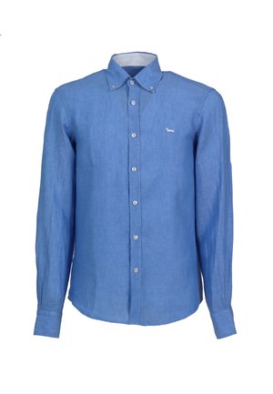 Light blue long-sleeve button-up shirt with pointed collar and small white embroidered dog logo on the chest.