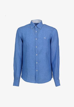 Light blue long-sleeve button-up shirt with pointed collar and small white embroidered dog logo on the chest.