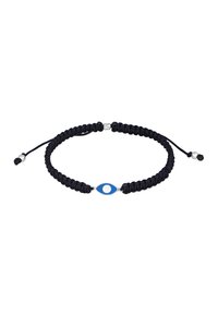 Schwarzes geflochtenes Armband mit einem verstellbaren Verschluss, das einen zentralen blauen bösen Blick-Anhänger mit einem weißen kreisförmigen Akzent zeigt.