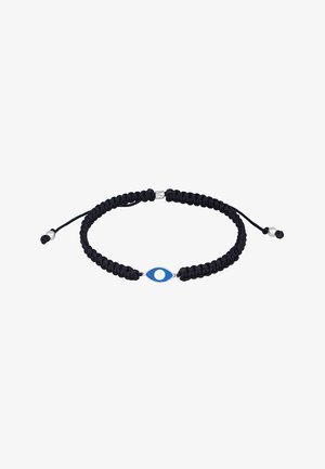 Bracelet en cordon noir tressé avec un fermoir ajustable, comportant un charm œil bleu central avec un accent circulaire blanc.