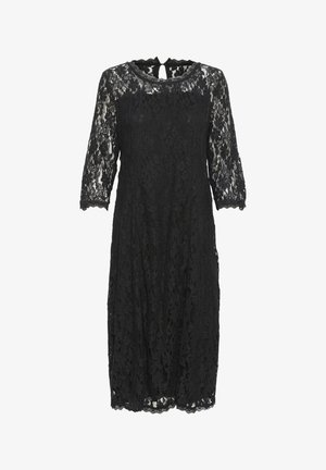 Vestido de encaje negro con mangas tres cuartos, con un escote redondo y un corte en forma de llave en la parte posterior. Con un dobladillo con ondas y patrones florales intrincados por toda la prenda.