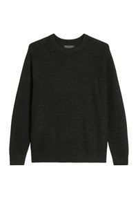 Dunkelgrauer Pullover mit gerippter Textur, Rundhalsausschnitt und langen Raglanärmeln. Einfaches Design ohne sichtbare Muster oder Verzierungen.