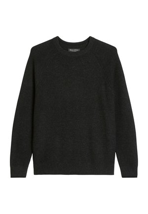Donkergrijze trui met een geribbelde structuur, een ronde halslijn en lange raglanmouwen. Eenvoudig ontwerp zonder zichtbare patronen of versieringen.