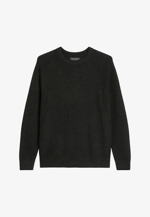 Pull gris foncé avec une texture côtelée, col ras du cou et manches longues raglan. Design simple sans motifs ou ornements visibles.