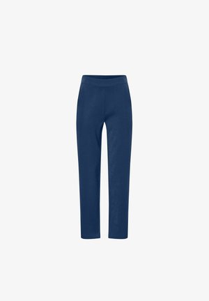 Navy pants with a flat waistband, fitted design, and straight legs. Made from a smooth fabric with a matte finish.