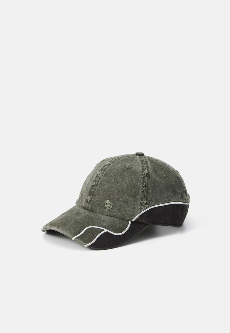 Green distressed baseball cap featuring a curved brim, black underside, and white stitching along the seams. Cotton material.